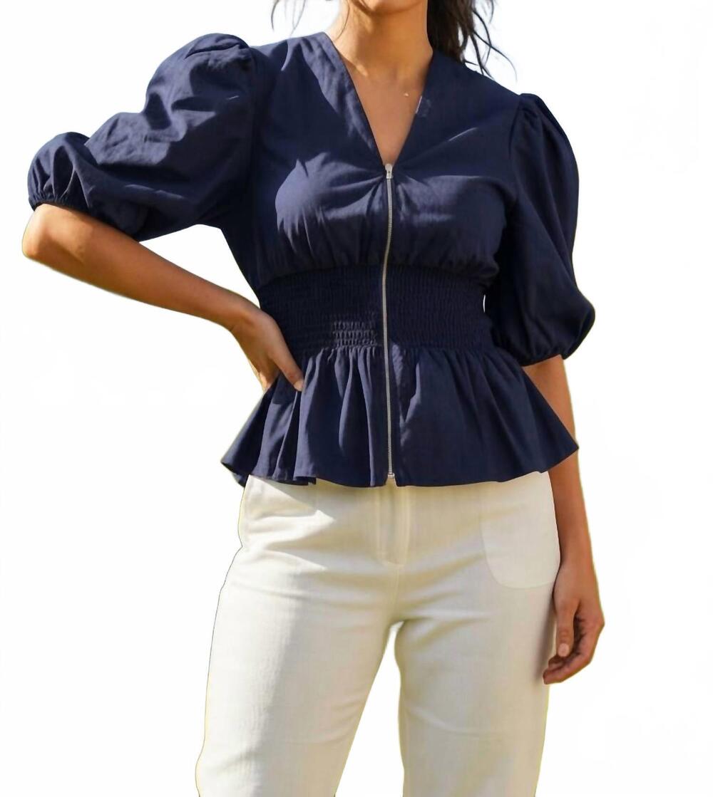 NEW SHE + SKY sweet magnolia puff blouse in navy